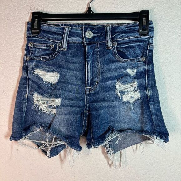 American Eagle Womens‎ Blue Hi-Rise Shortie Next Level Stretch Distressed Size 0 - Picture 1 of 8